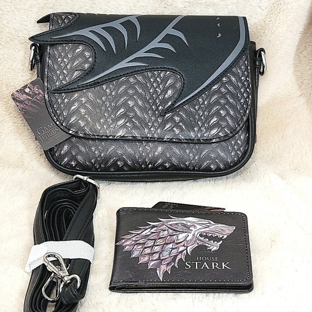 Buckle-Down Game of Thrones Fold Over Cross Body & House of Stark Wallet NWT